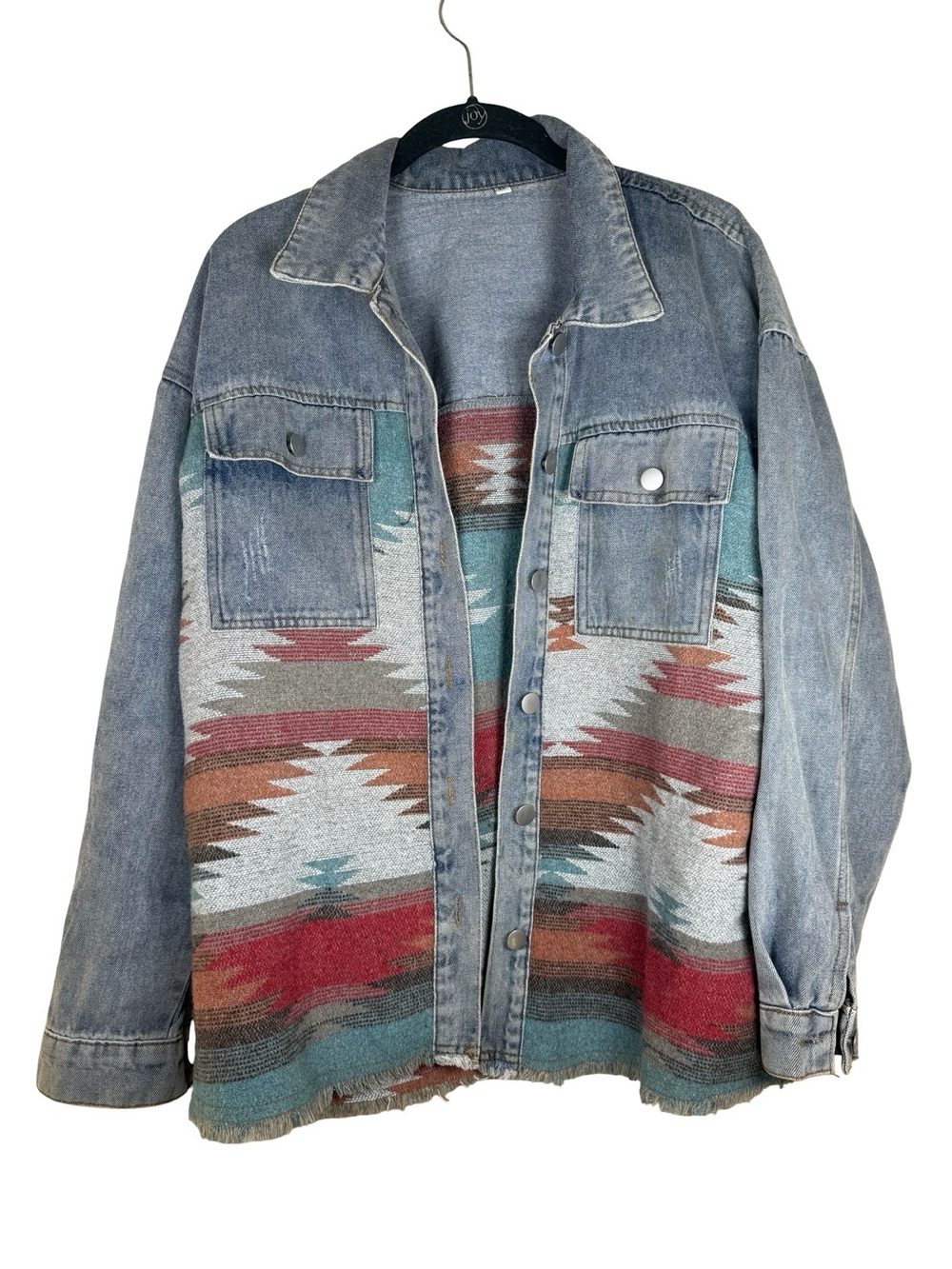 Women's Patchwork Denim Jacket Aztec Print Shacket Oversized Boho sz XS